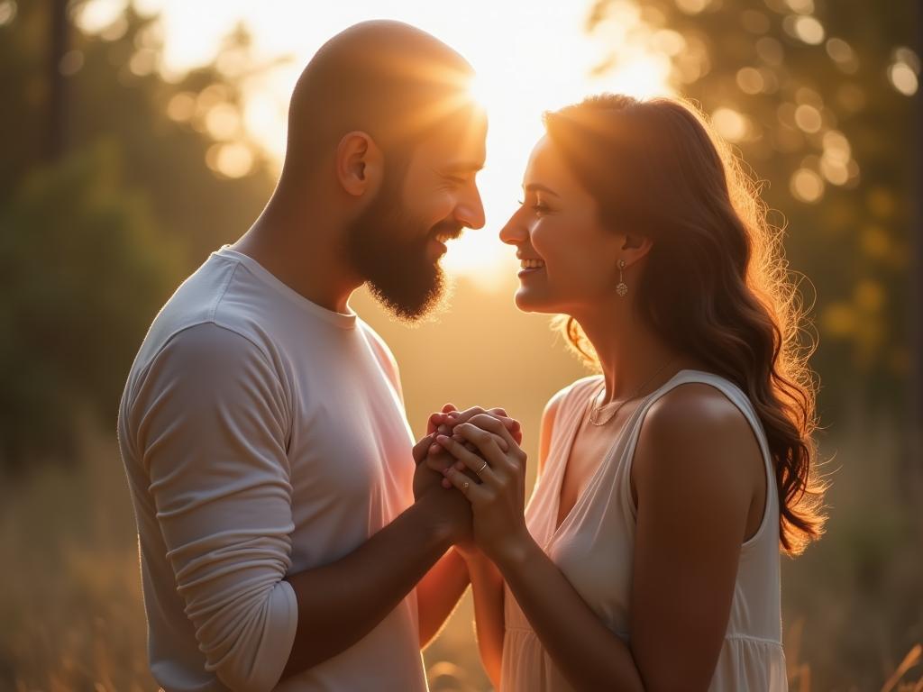 A couple holding hands while looking at each other with affection, symbolizing emotional connection and relationship.