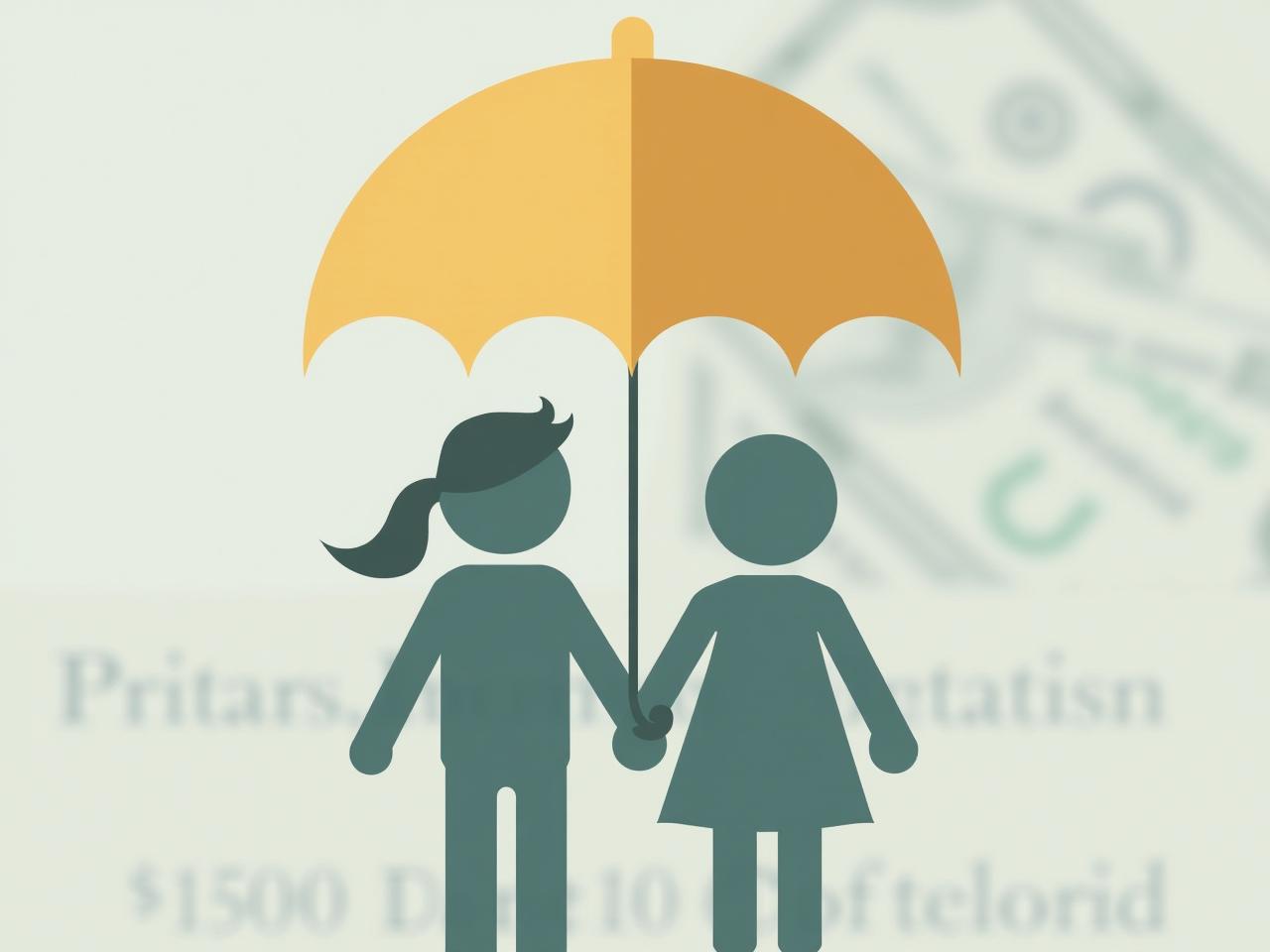 A person holding an umbrella over a family, symbolizing protection and security, with financial documents in the background.