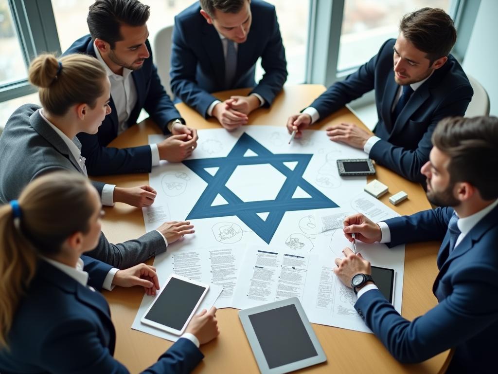 A group of diverse professionals collaborating and brainstorming ideas around a table, symbolizing circular influence and leadership without authority.