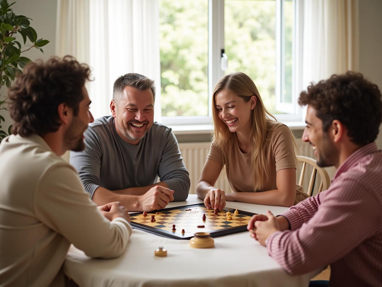 A family laughing and playing a board game together at a table in a brightly lit living room. The image represents quality time and family bonding.
