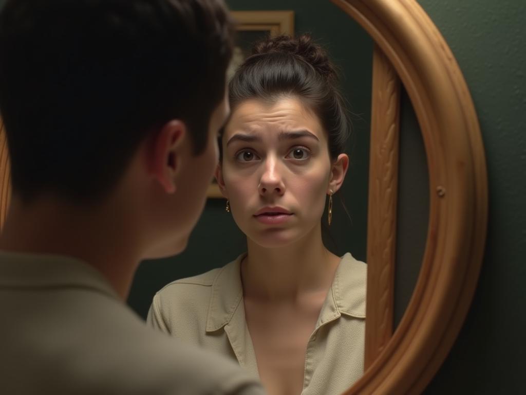 Person looking in a mirror with a confident expression, but a small, worried face reflected. The title Daring Greatly is subtly visible on a book in the background.