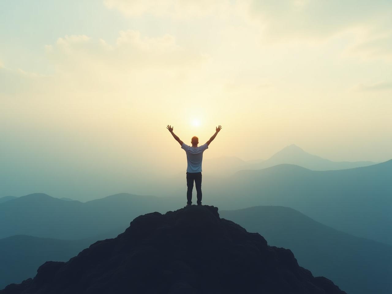 A person standing on a mountain top, looking towards the horizon, symbolizing overcoming challenges and achieving resilience.