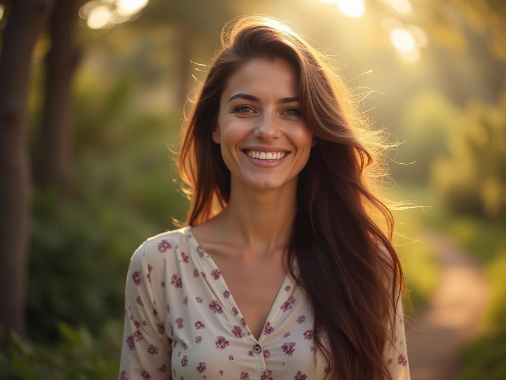 Woman smiling confidently, standing in a natural setting, symbolizing authenticity and self-acceptance. The background is blurred to focus on the subjects genuine expression. Warm, inviting lighting.