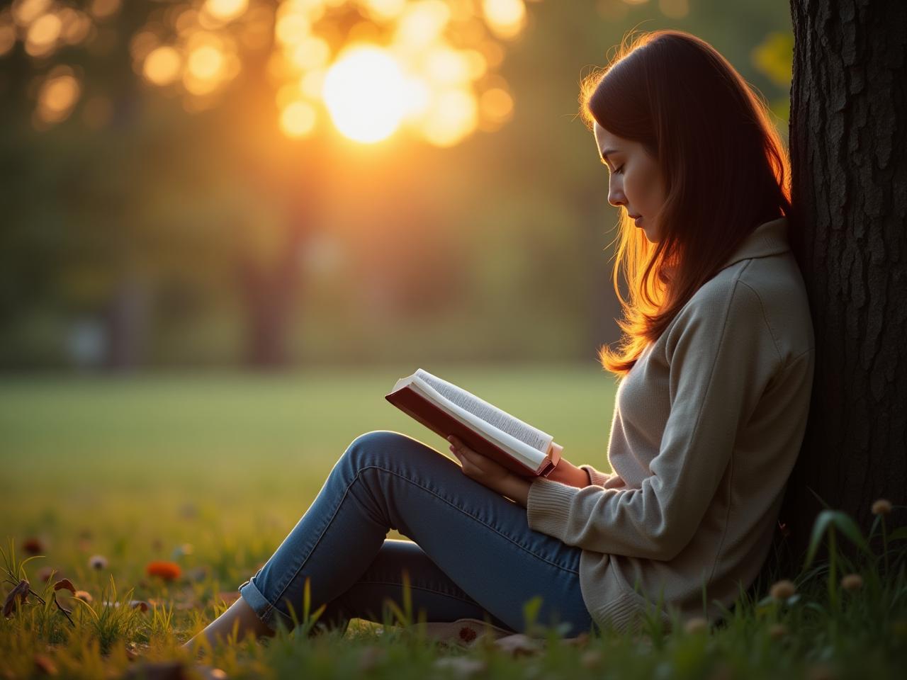 A person peacefully reading a book outdoors, away from technology, surrounded by nature.
