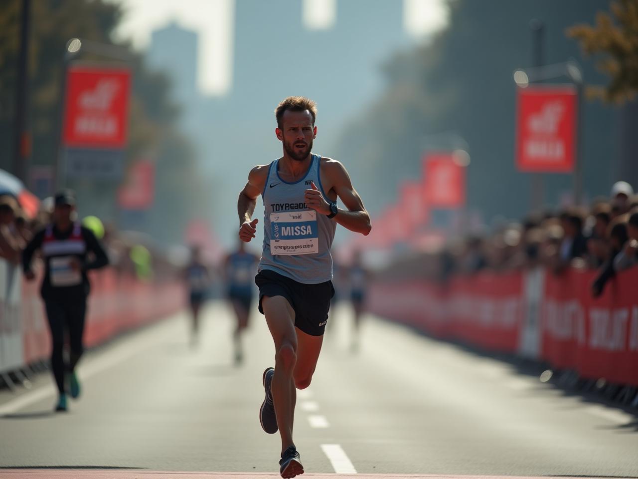 Runner finishing a marathon, looking exhausted but determined, with the finish line in the background. Represents mental resilience, persistence, and personal victory inspired by David Goggins and Cant Hurt Me.
