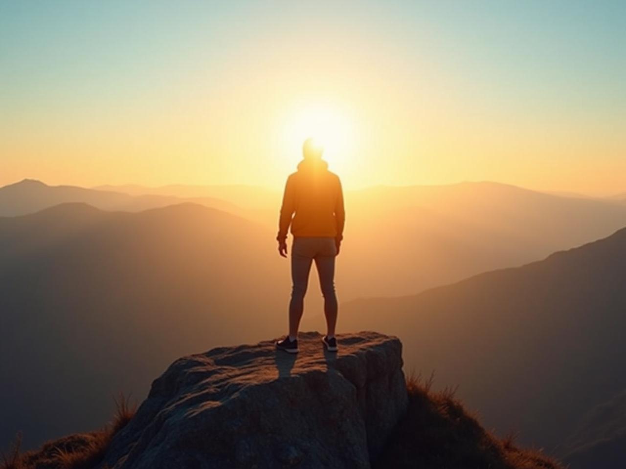 A person standing on a mountain peak, looking out at a vast landscape. The sun is rising in the background, symbolizing a new beginning and a sense of accomplishment.