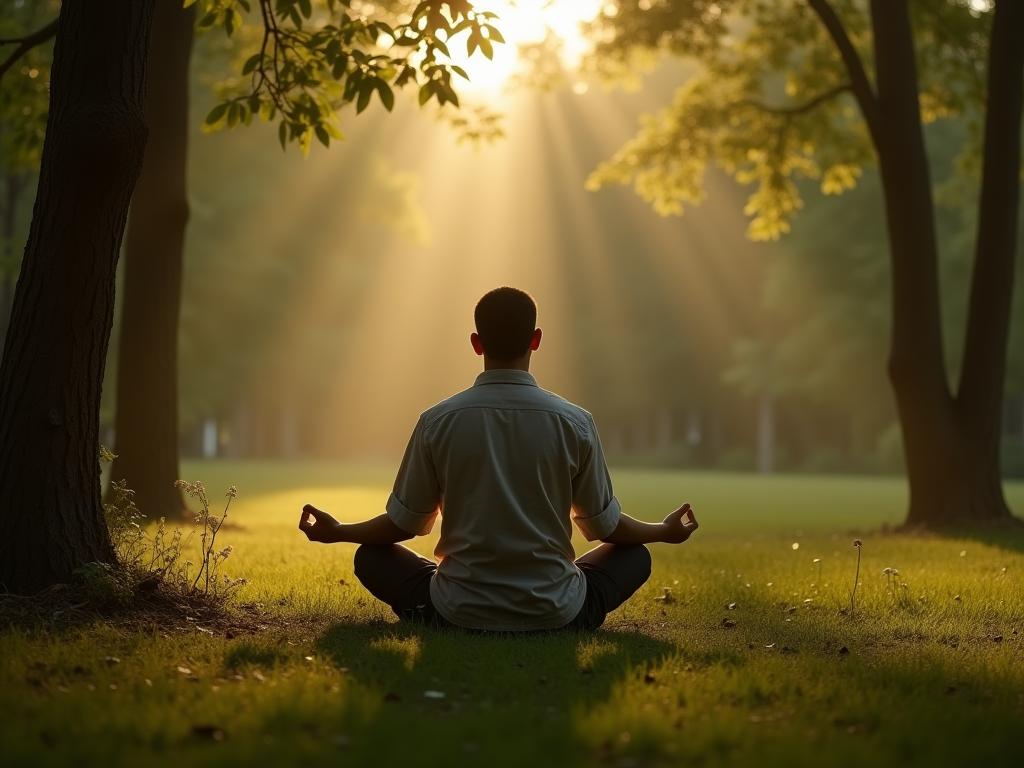 A person sitting peacefully in nature, meditating.