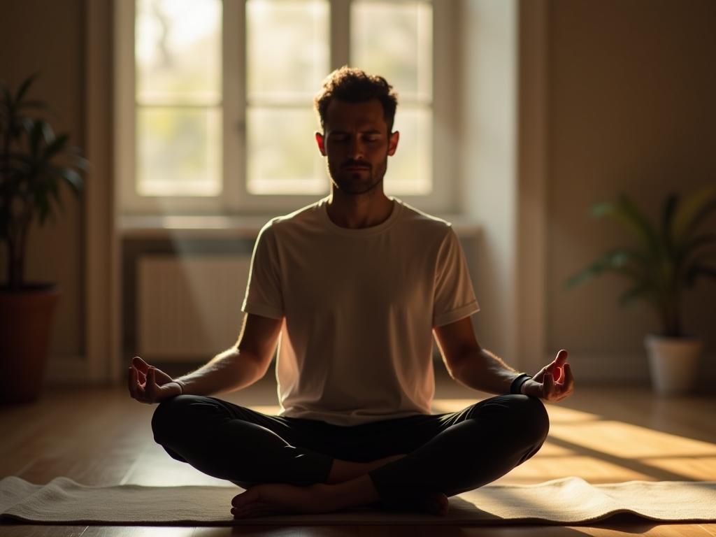 A person meditating in a calm environment, focusing on their breath.