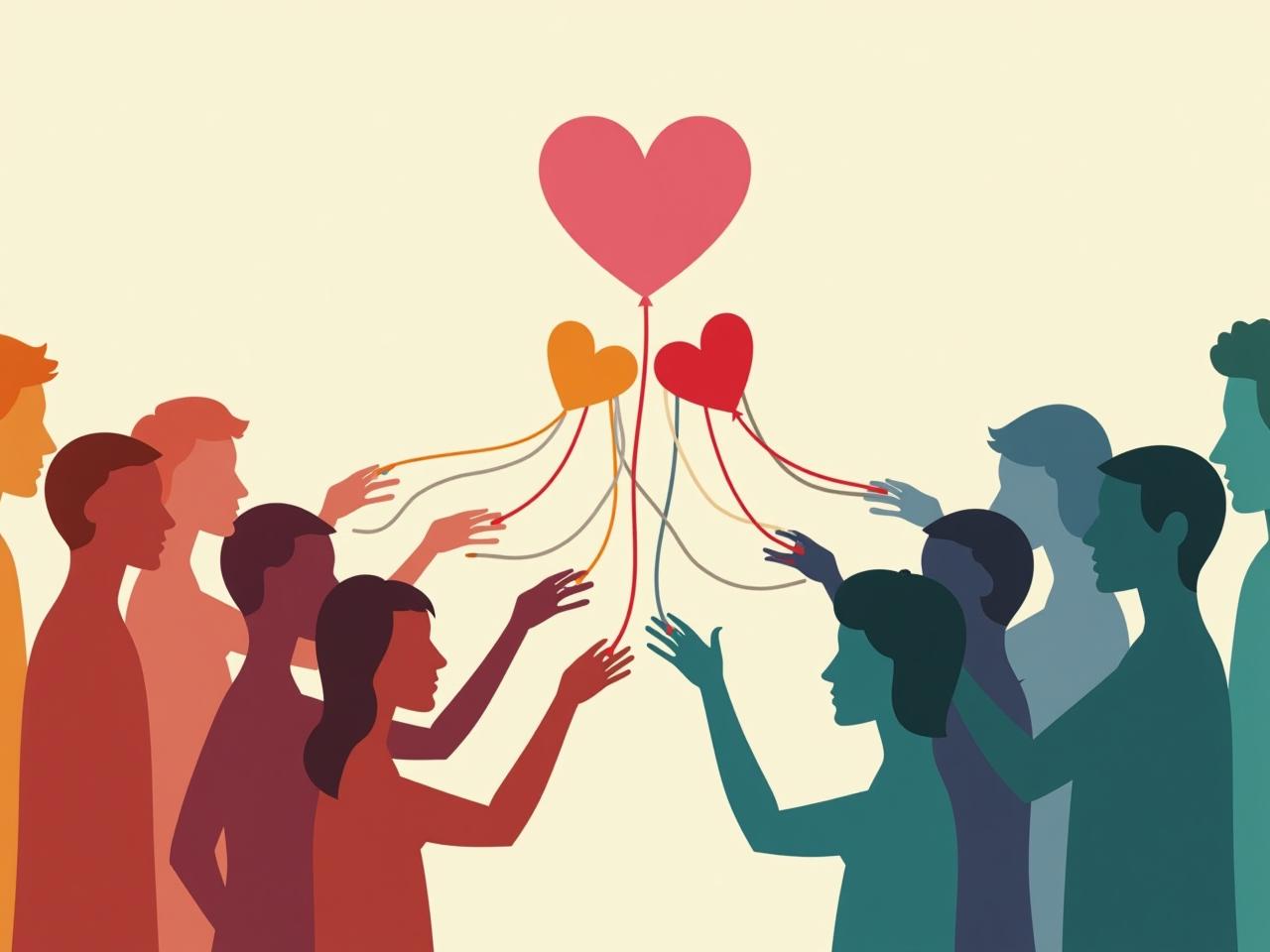 A diverse group of people connecting through heart-shaped strings, symbolizing empathy and understanding.