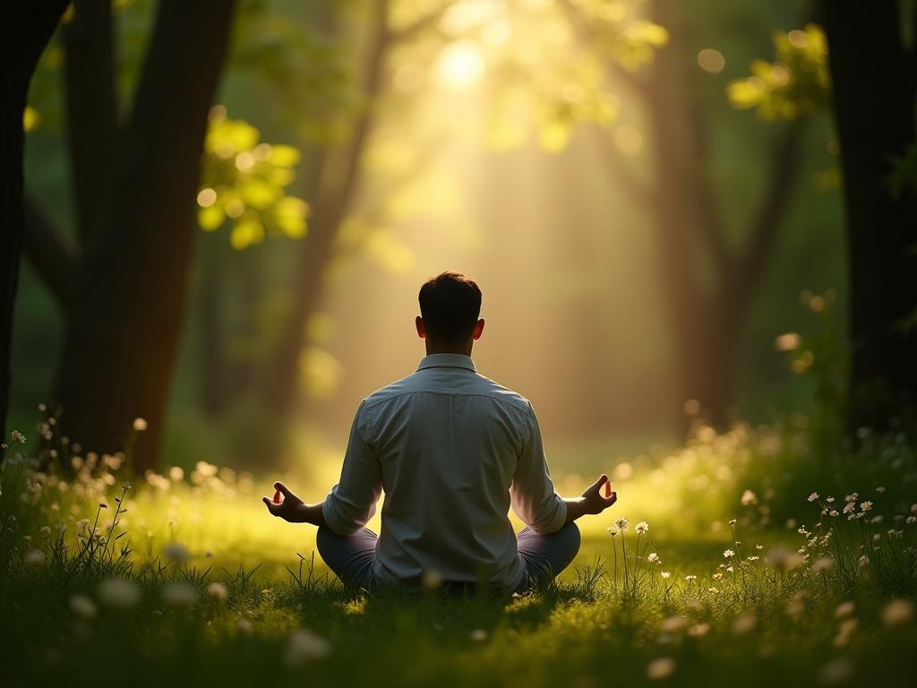 A serene photo of a person meditating in a natural setting, surrounded by lush greenery and sunlight, representing the concept of everyday sacredness from Robin Sharmas The Everyday Hero Manifesto.