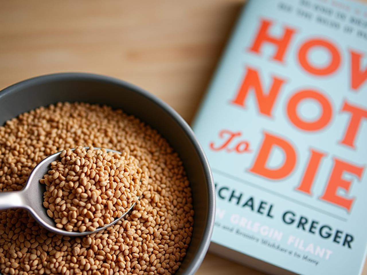 Close-up of a bowl of ground flaxseed with a spoon, next to a copy of the book How Not to Die by Michael Greger. Focus on the flaxseed texture and the book cover.