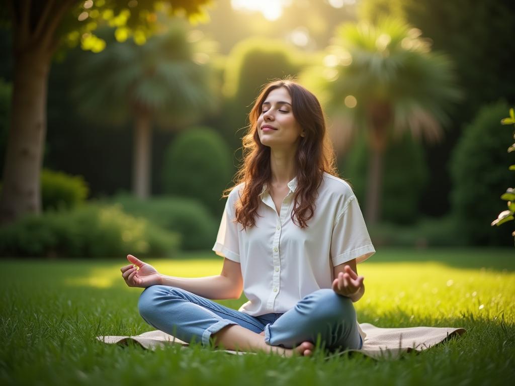 A person sitting in a peaceful garden meditating with closed eyes, surrounded by lush greenery. The image conveys serenity and mindfulness.