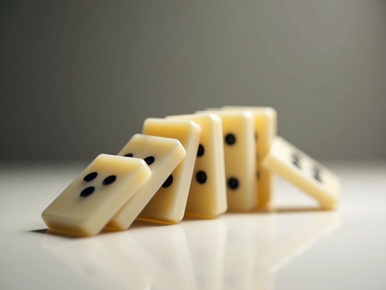 A line of dominoes falling, with one domino significantly larger than the others, symbolizing the one thing that creates a chain reaction.