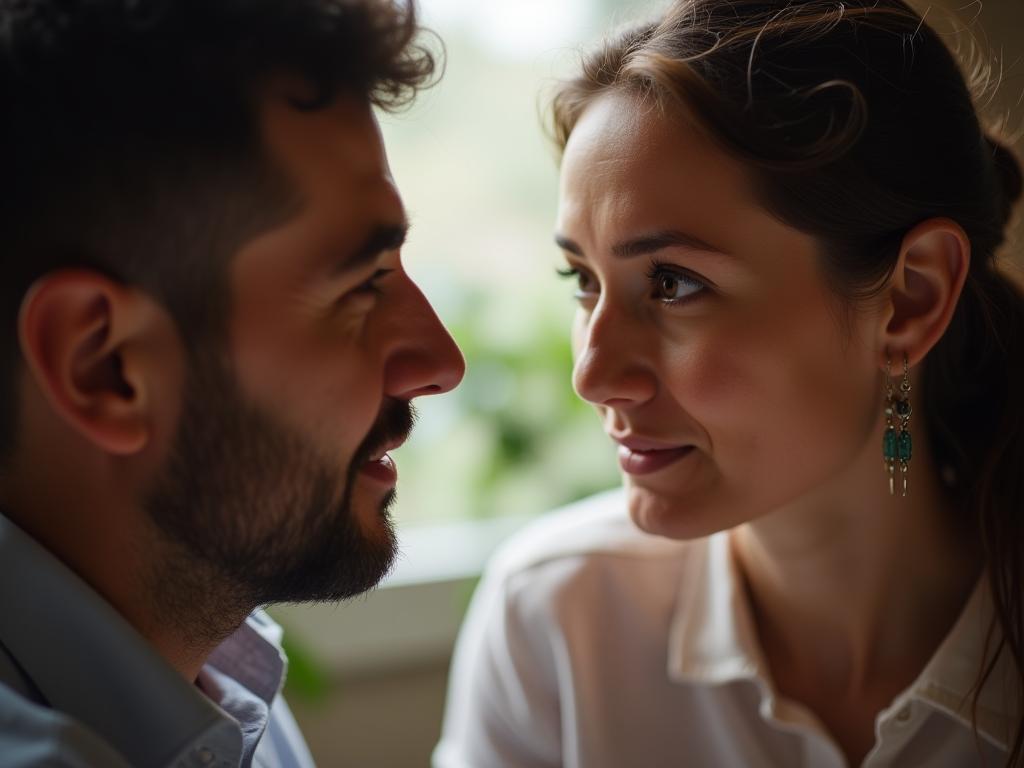 A close-up image of two people having a conversation, focusing on their eyes and expressions, conveying empathy and active listening. Soft, natural light with a shallow depth of field to emphasize the connection.