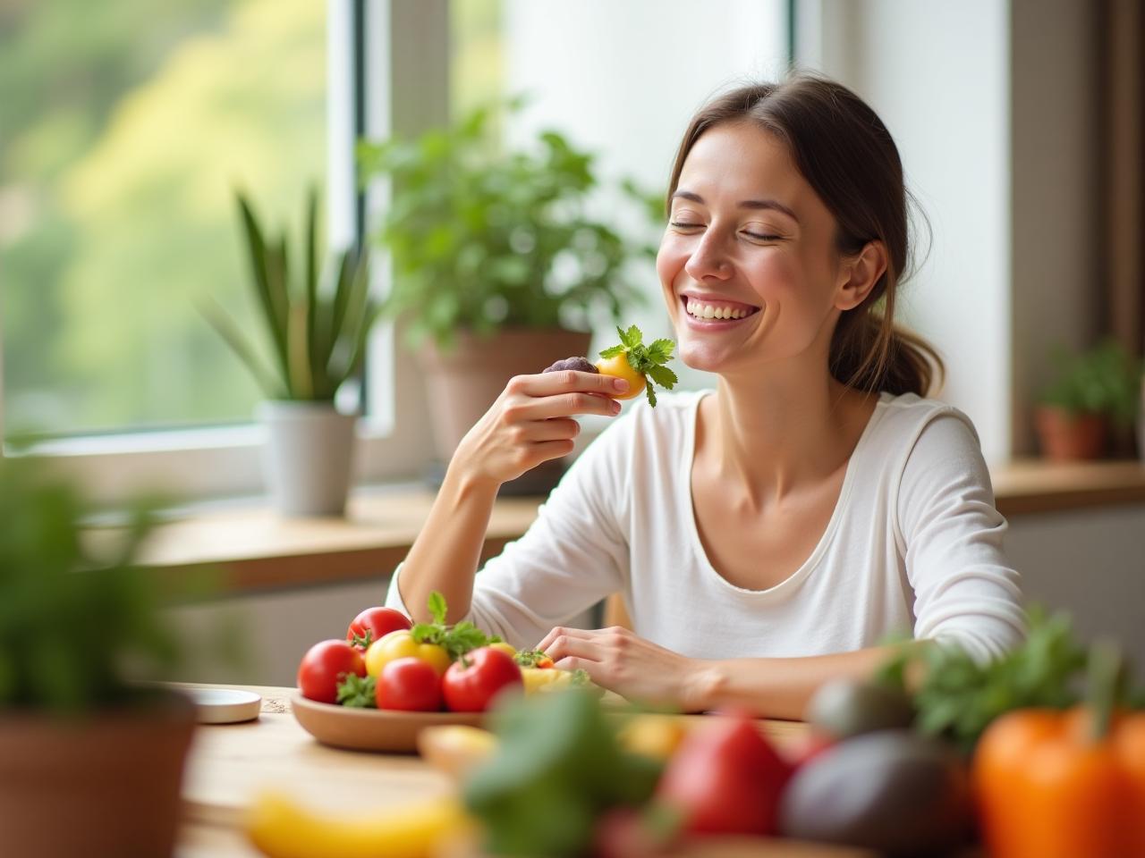 A person peacefully enjoying a colorful and nutritious meal in a bright and inviting setting, emphasizing the joy and mindful eating aspects of intuitive eating. Key elements include fresh vegetables, a relaxed posture, and natural light.