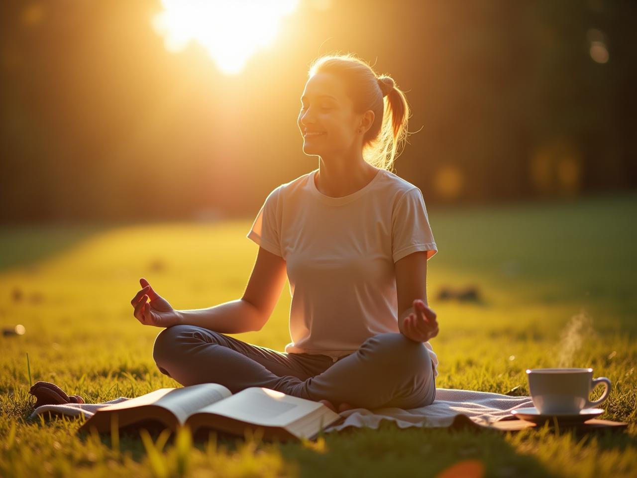 A person meditating peacefully in the morning sunlight, surrounded by nature, with a book and a cup of tea nearby. Keywords: morning routine, meditation, peace, nature, self-improvement, productivity, Art of Restarting.