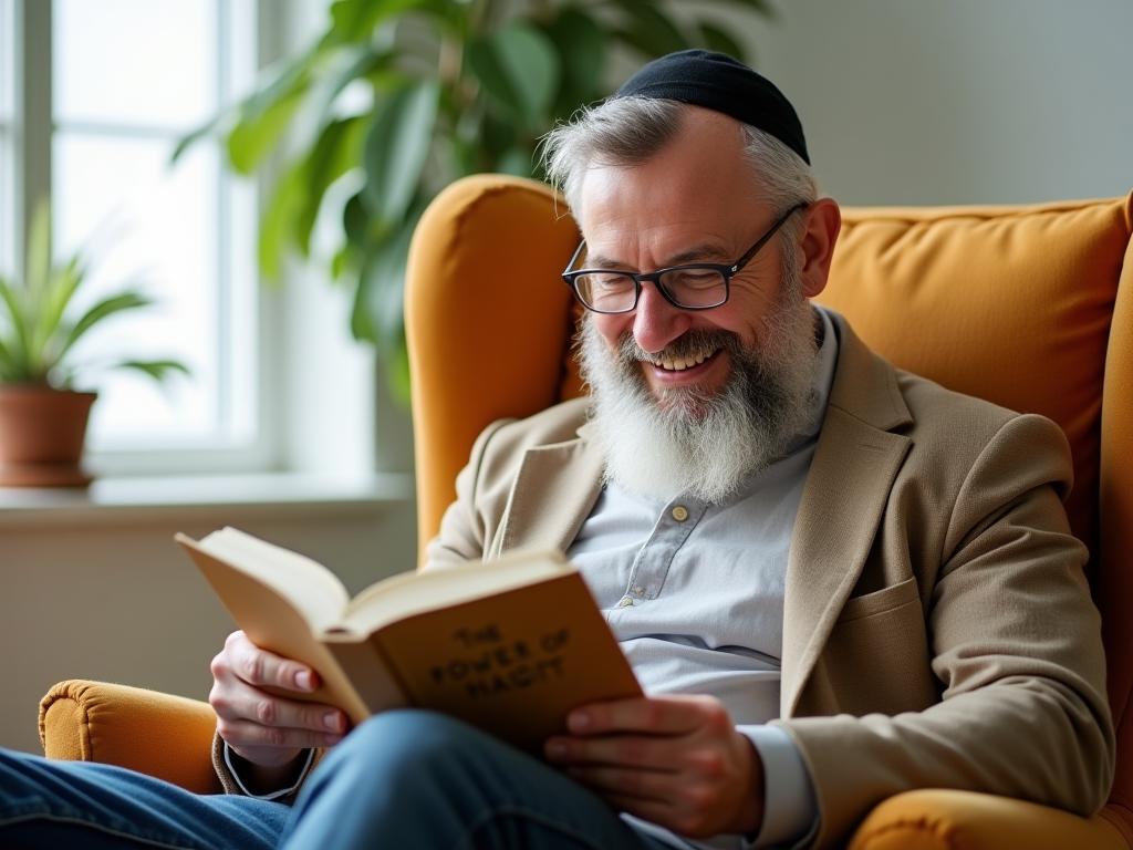 A person sitting in a comfortable chair, reading a book titled The Power of Habit and smiling, representing the enjoyment and personal growth gained from understanding and changing habits. The image is bright and inviting, suggesting a positive and transformative experience.
