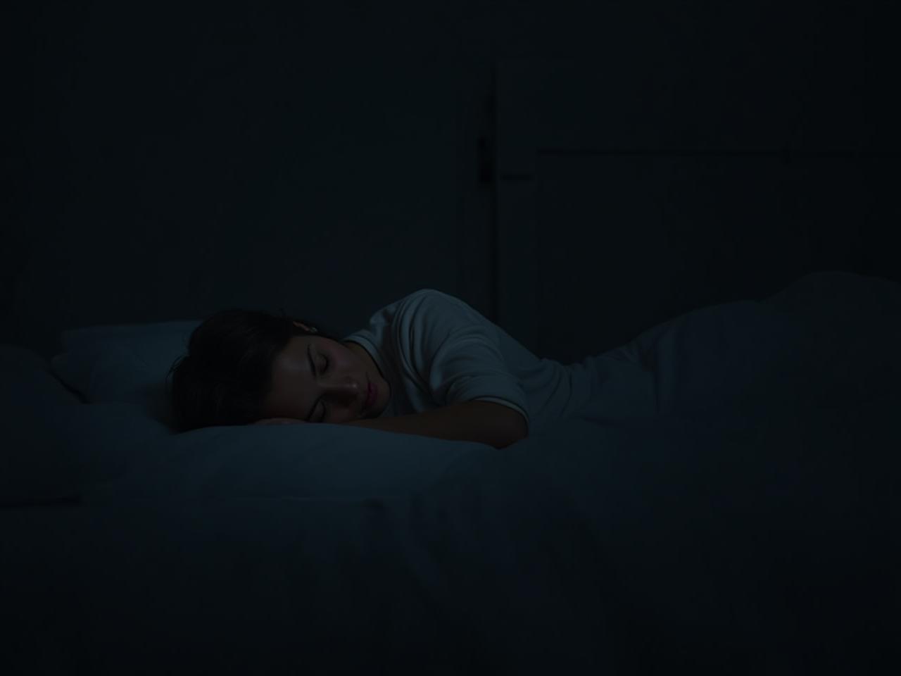 A person sleeping peacefully in a dark and quiet room, with emphasis on the peaceful atmosphere and promoting restful sleep. Keywords: sleep, restful sleep, dark room, quiet, relaxation.