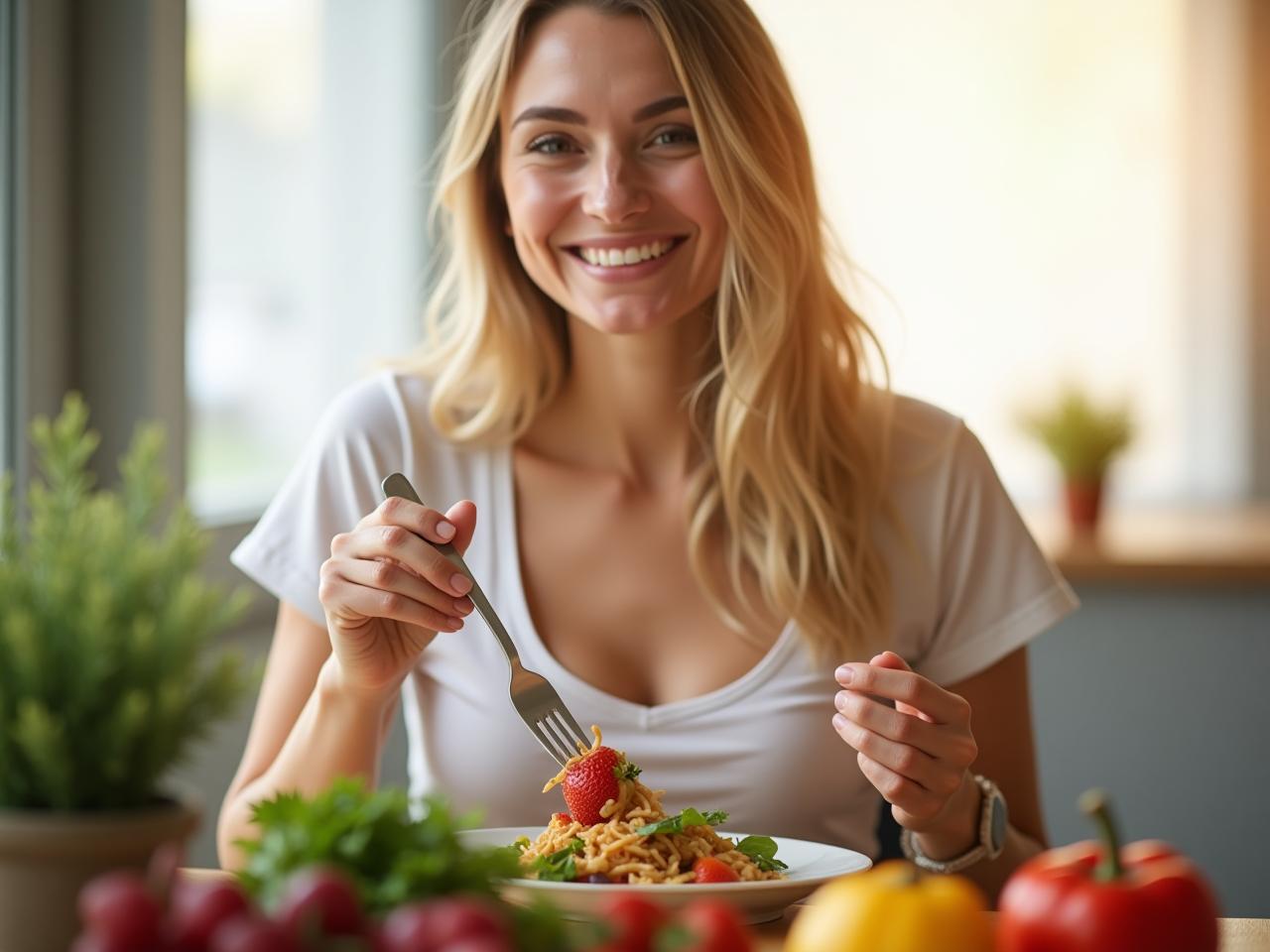 A person eating a healthy meal mindfully, with fresh fruits and vegetables visible, in a bright and relaxing environment.