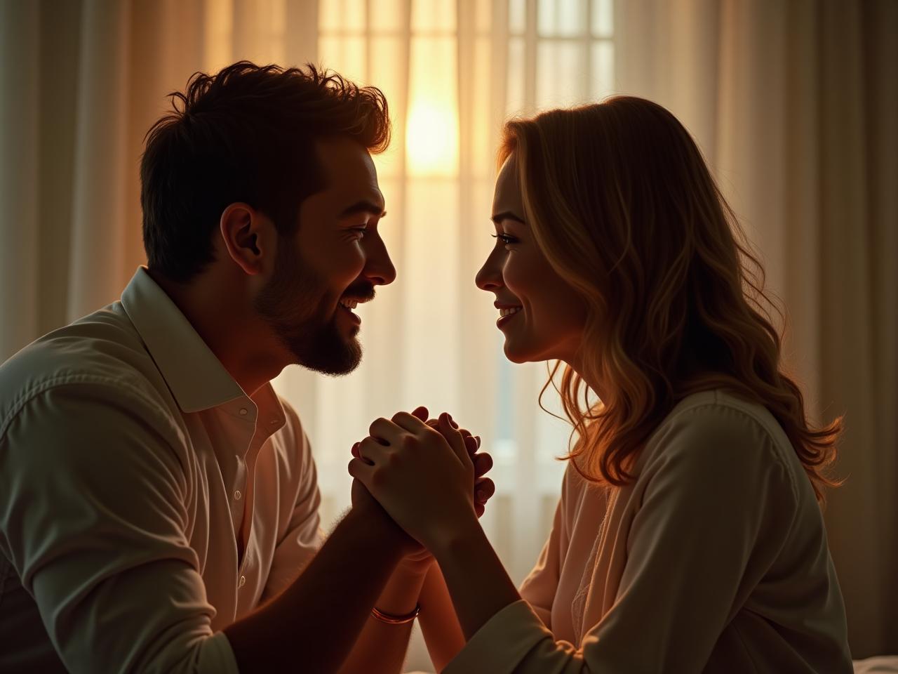 Couple holding hands intimately while talking and connecting emotionally. Keywords: intimacy, relationship, Esther Perel, vulnerability, emotional connection.
