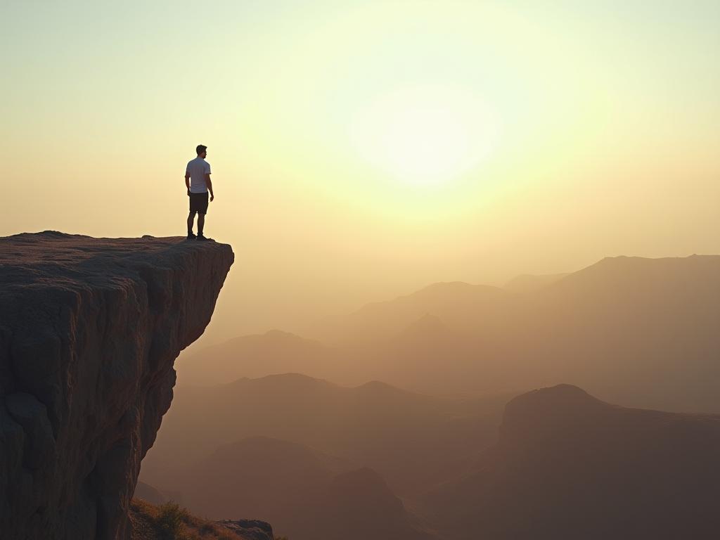 A person standing at the edge of a cliff, looking out at a vast landscape, symbolizing facing fear and overcoming challenges.