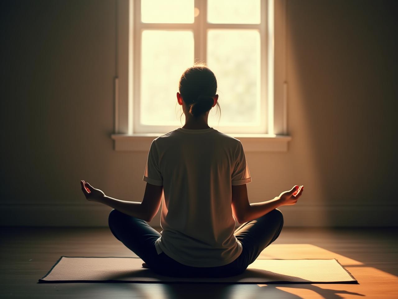 Person meditating in a quiet space, focusing on their emotions. Keywords: Emotional Intelligence, Mindfulness, Daniel Goleman, Self-Awareness, Feelings.