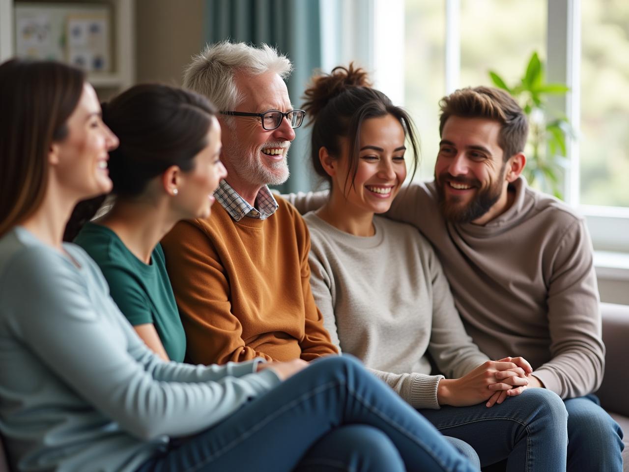 A diverse group of people sitting together, sharing and supporting each other, symbolizing a strong support network for managing chronic pain.