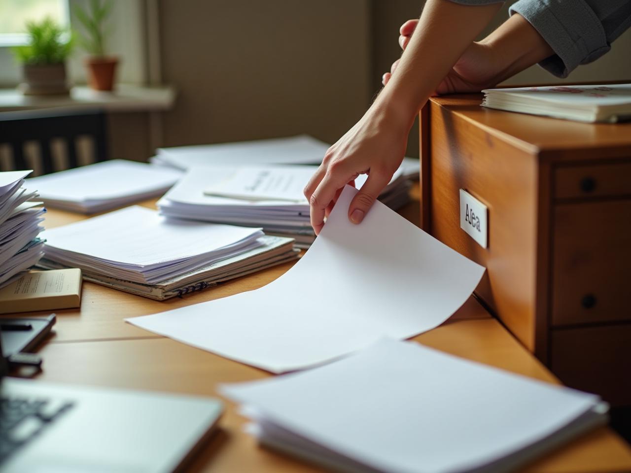 A desk cluttered with papers, a notebook, and a laptop. A hand reaches out to place another piece of paper into a neatly organized filing cabinet in the background. Keywords: creative clutter, productivity, idea management, Elizabeth Gilbert, Big Magic, filing cabinet
