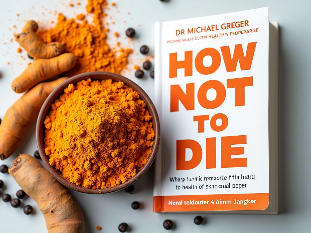A vibrant image showcasing turmeric powder and black peppercorns alongside a copy of Dr. Michael Gregers book How Not to Die. The image emphasizes the natural and health-promoting aspects of the combination.