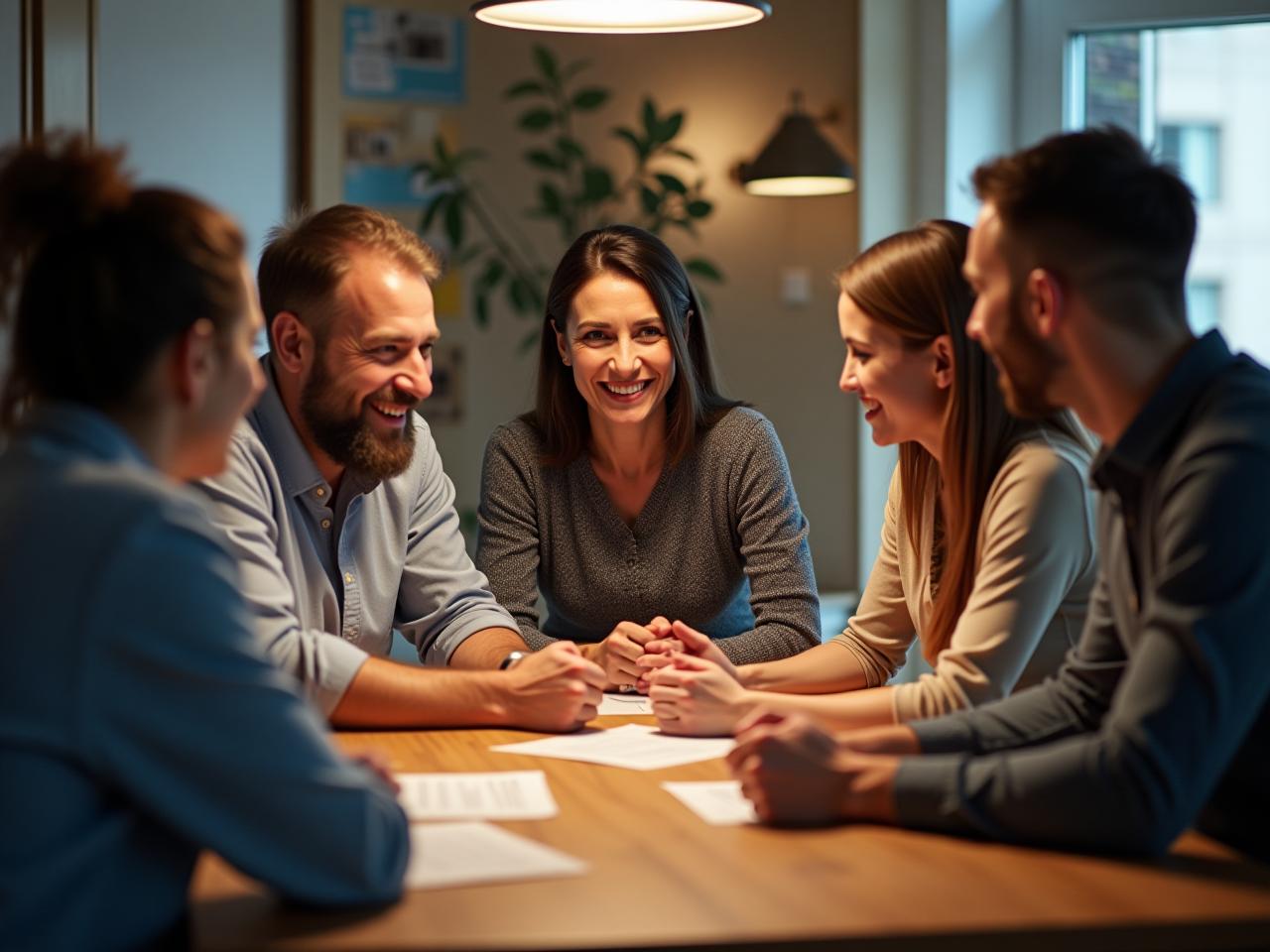 A diverse group of people collaborating around a table, symbolizing effective teamwork and influence, with the book Influencer subtly placed in the background.