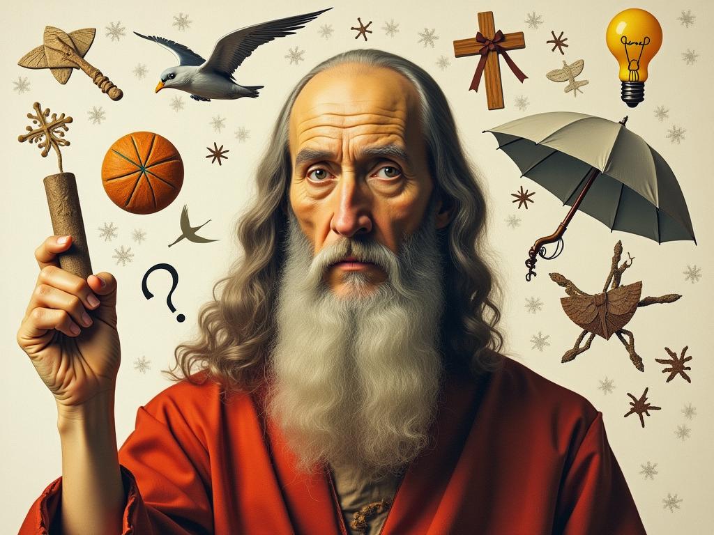 A collage image representing Leonardo da Vinci, with elements symbolizing curiosity, innovation, and questioning. The image should convey a sense of intellectual exploration and a challenge to conventional thinking. Keywords: Leonardo da Vinci, curiosity, innovation, questioning, intellectual exploration, unconventional thinking.