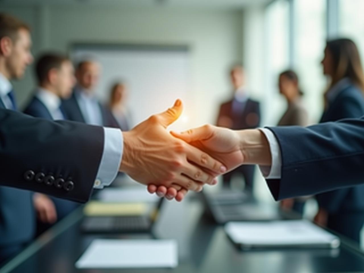 A close-up shot of two hands reaching towards each other, almost touching, with a blurred background of office workers. The image symbolizes the importance of understanding and resolving conflicts in a professional setting, echoing the concepts from Emotional Intelligence by Daniel Goleman.