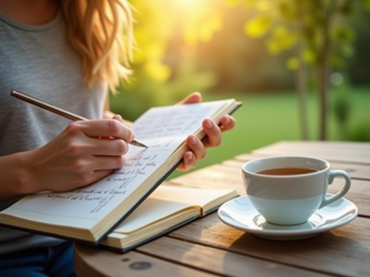 A person writing in a gratitude journal with a cup of tea and a peaceful nature scene in the background. The image symbolizes calmness, mindfulness, and gratitude.