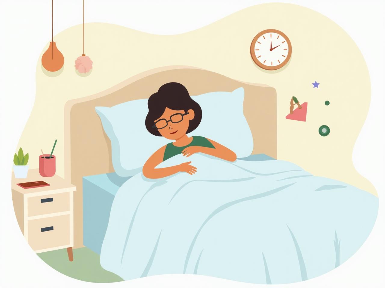 Illustration of a person sleeping peacefully in bed, surrounded by symbols of rest and tranquility.