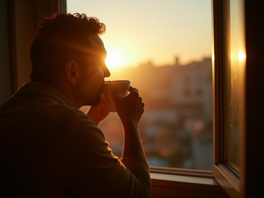 A person drinking coffee on a balcony in the morning sunlight, enjoying the fresh air and the start of the day.