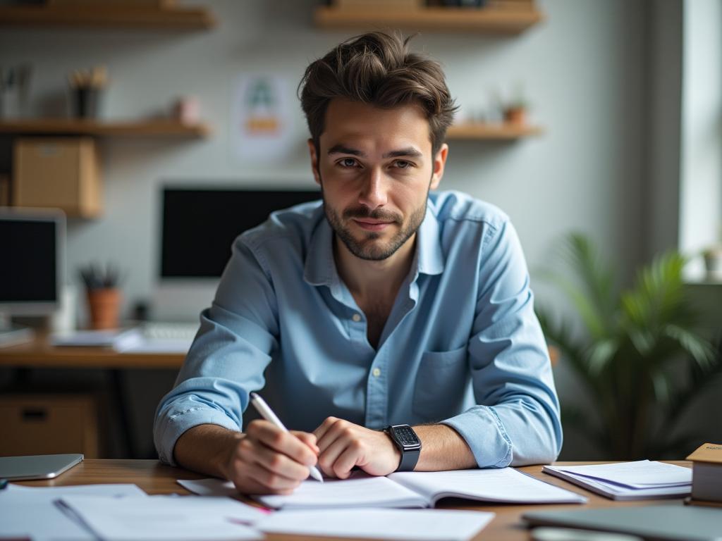 A person working at a desk with a focused expression, surrounded by organized notes and a clean workspace, symbolizing productivity and time management.