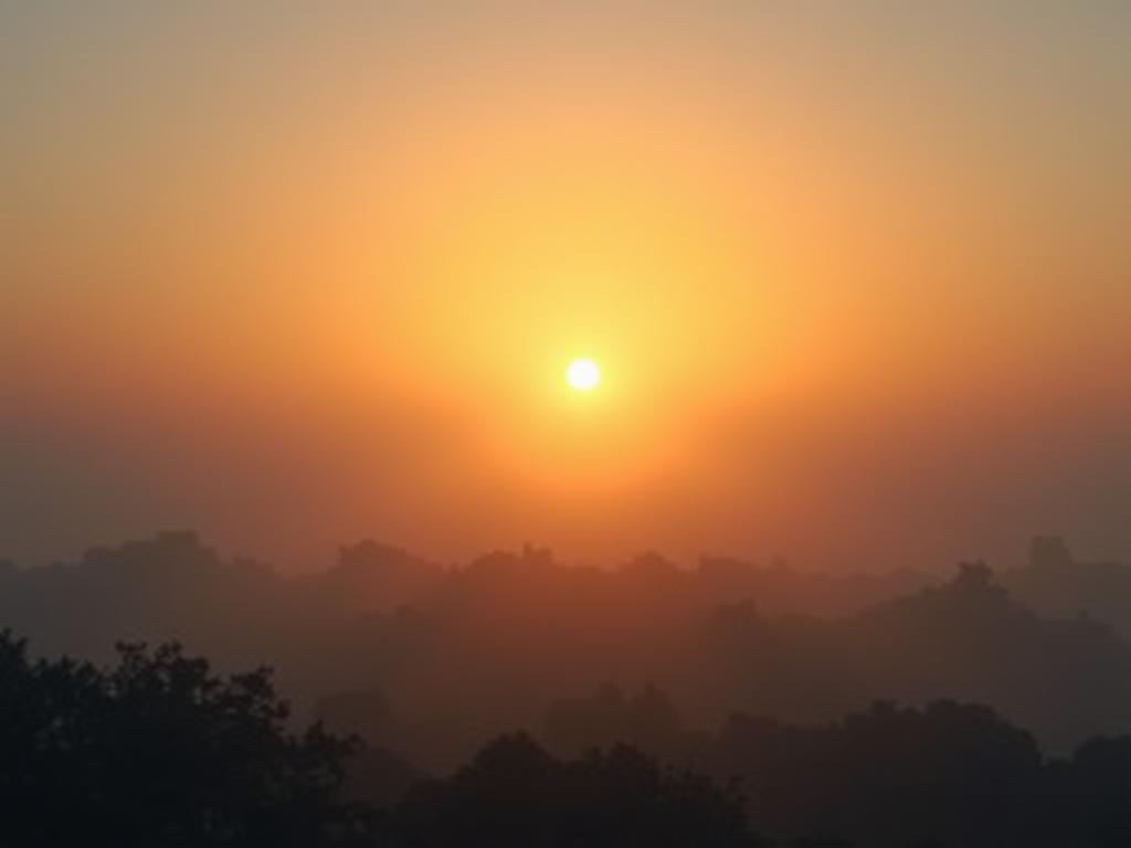 Sunrise over a misty landscape, symbolizing the unknown and potential for growth. Keywords: uncertainty, growth, sunrise, mist, potential.
