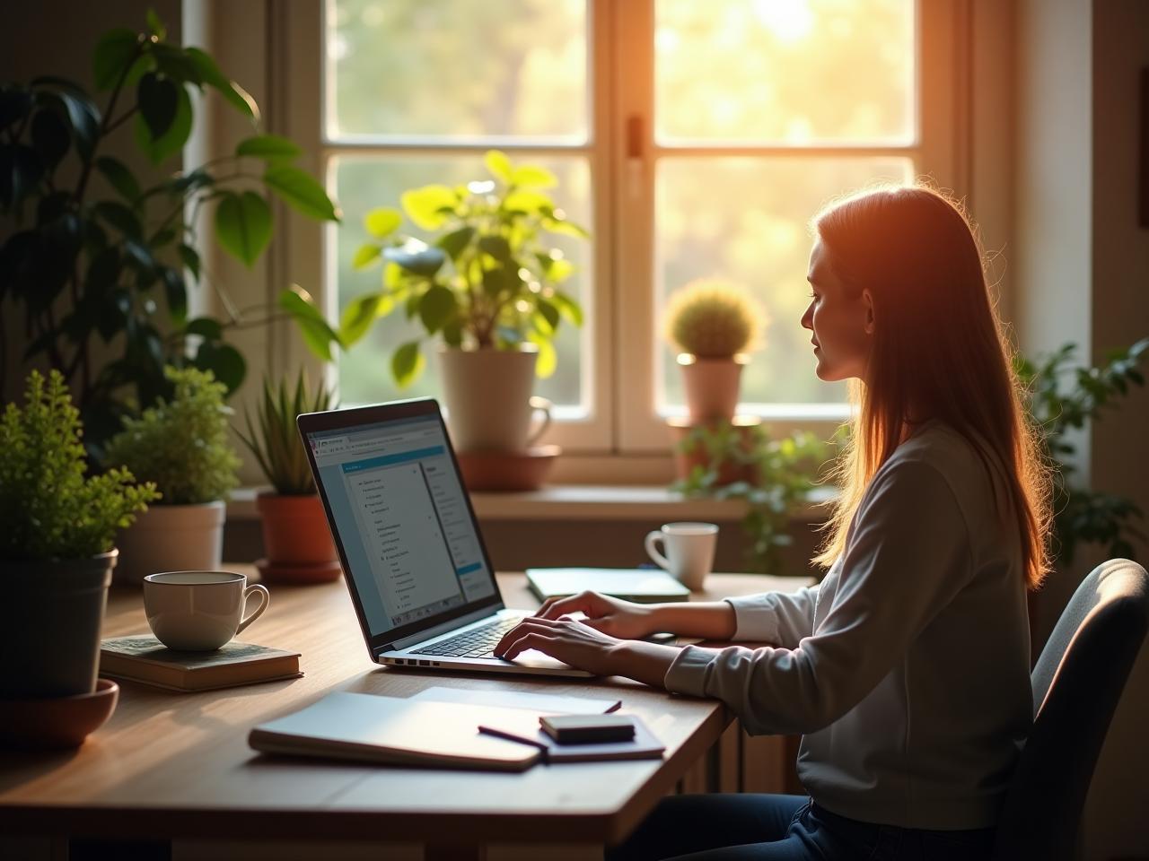 A person sitting at a desk, working on a laptop, surrounded by inspiring objects like plants, notebooks, and a cup of coffee, with sunlight streaming through the window. The image represents a creative workspace conducive to flow.