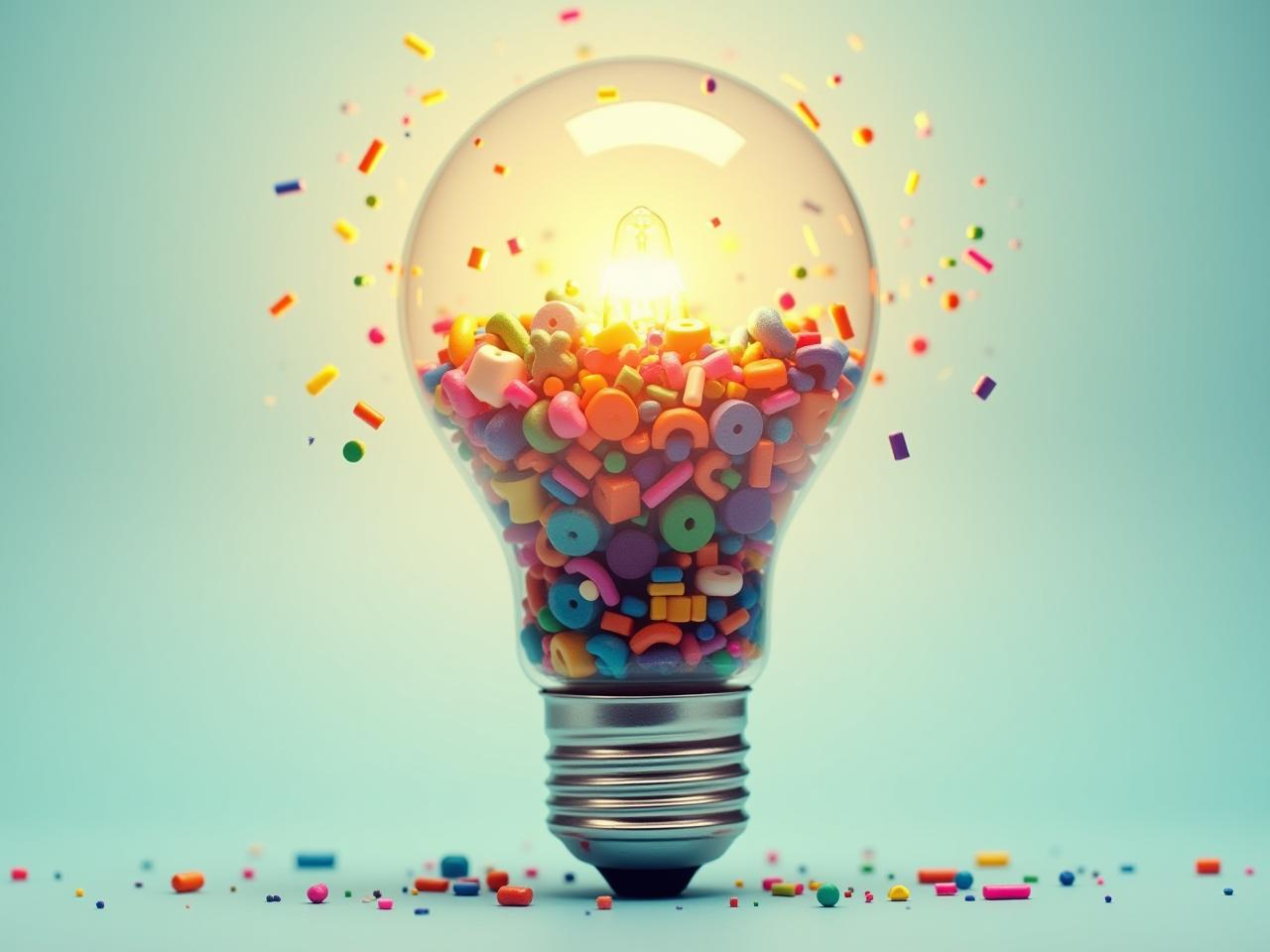 A lightbulb partially filled with colorful random objects, symbolizing the sparking of creative ideas through random inputs.