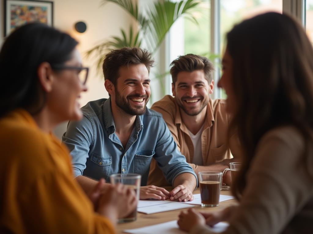 A group of people smiling and engaging in a lively conversation, illustrating the concept of building genuine connections.