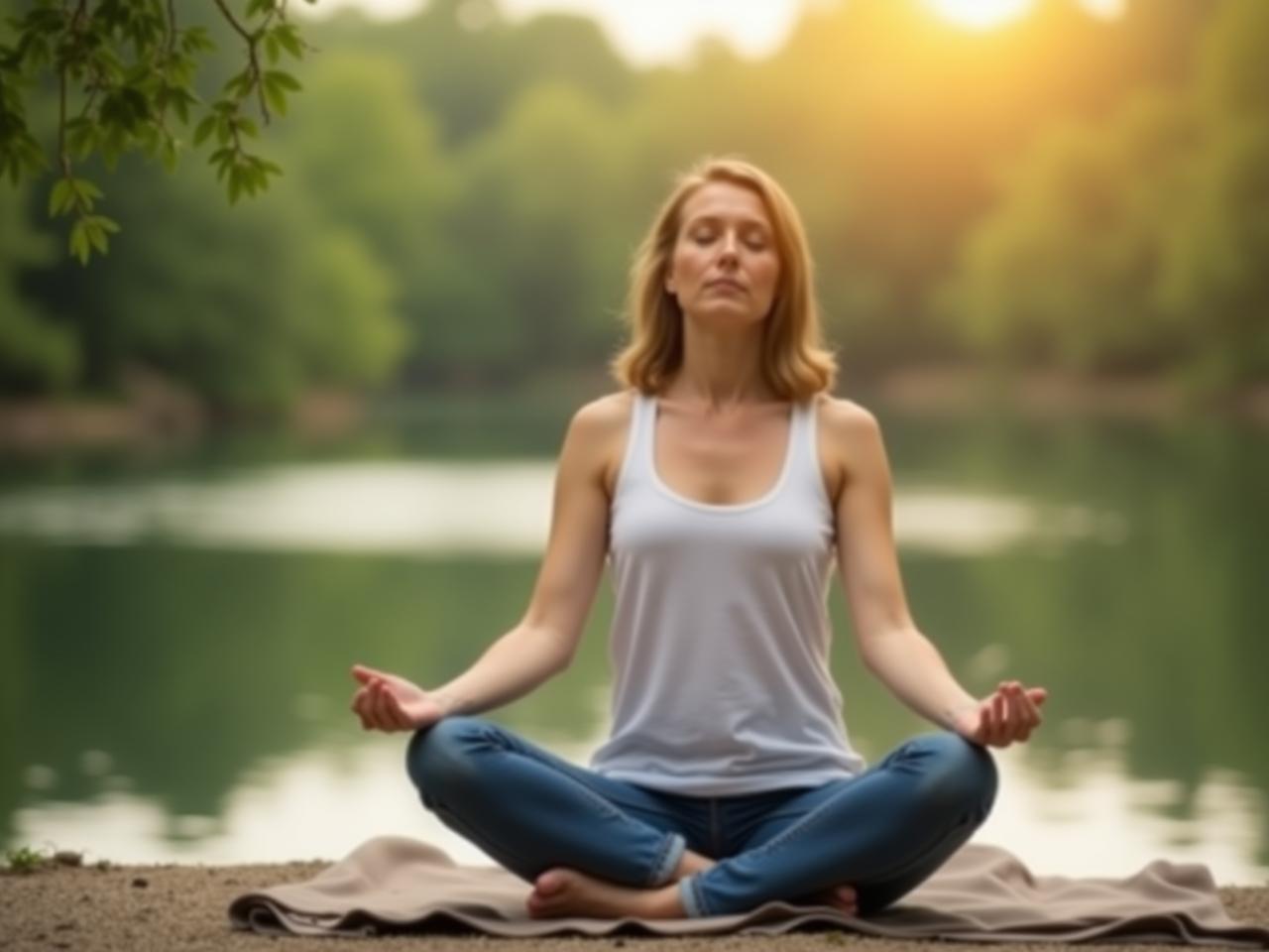 A person practicing alternate nostril breathing outdoors in a peaceful setting.
