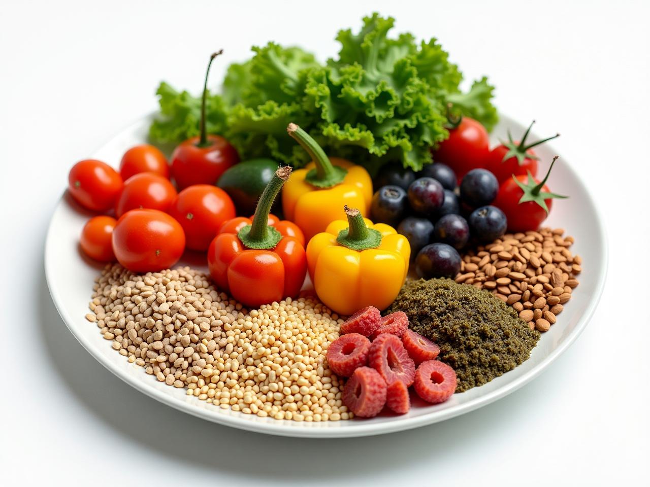 A colorful plate filled with fresh vegetables, fruits, and whole grains, symbolizing a healthy and balanced diet based on the principles of In Defense of Food by Michael Pollan.