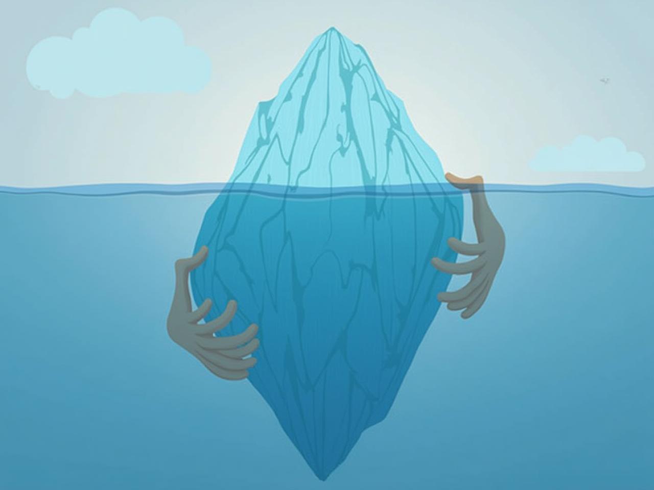 A person holding an iceberg with a visible top and a larger, submerged base, representing the visible issue versus the underlying emotions in a difficult conversation. #DifficultConversations #IdentityMap #Communication