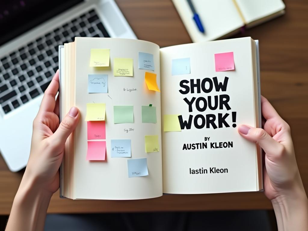 A persons hands holding an open book titled Show Your Work! by Austin Kleon, with colorful sticky notes marking various pages. The background shows a modern workspace with a laptop, notebook, and pens, creating a creative and inspiring atmosphere.