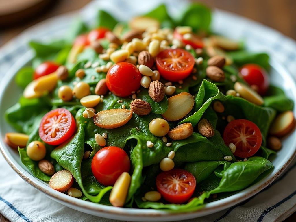 A large, colorful salad with various green vegetables, fruits, nuts, and seeds, drizzled with a healthy dressing.