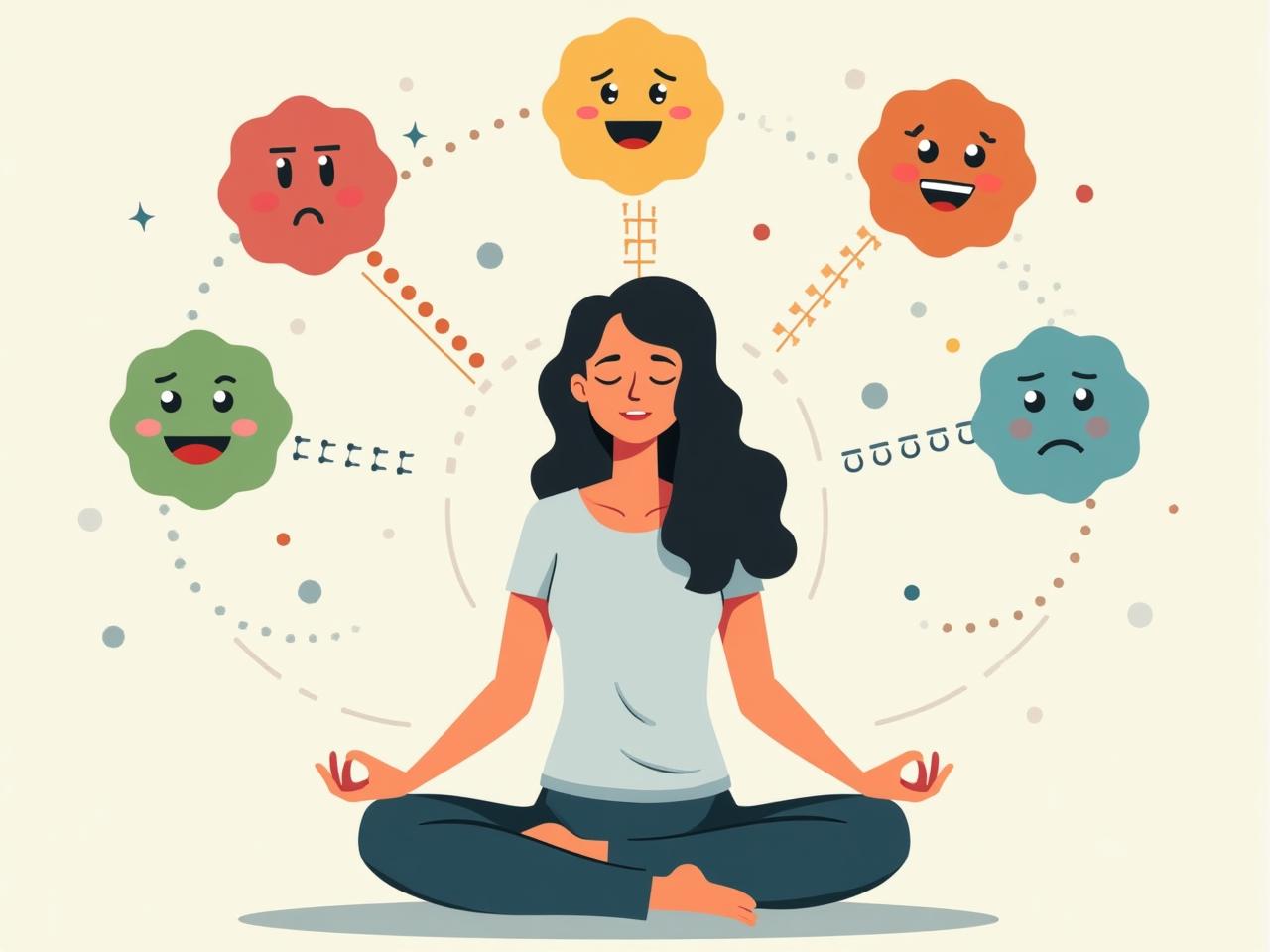 A person meditating with a calm expression, surrounded by colorful emotional icons representing different feelings.