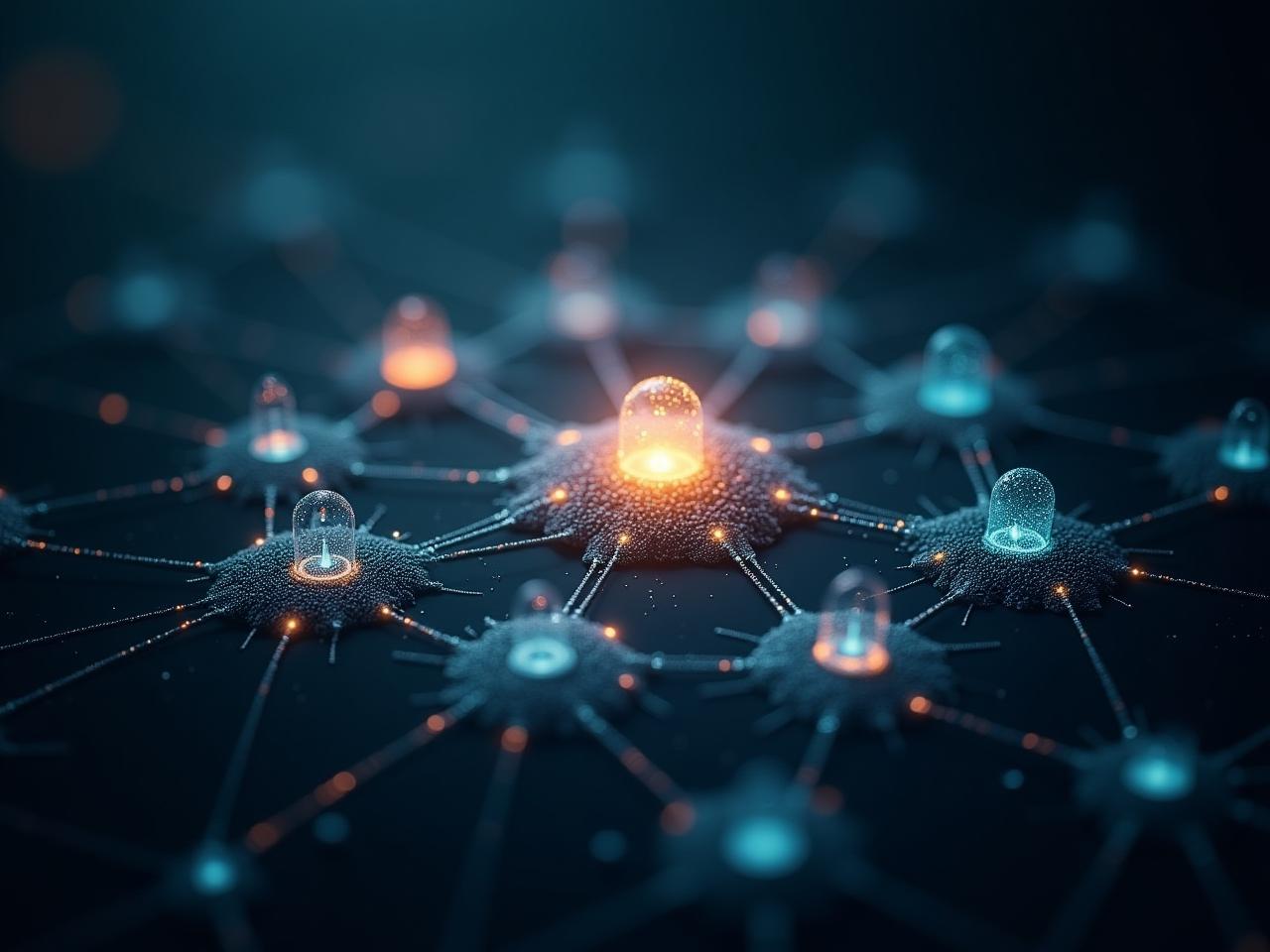 A futuristic image depicting interconnected nodes and lines representing different technologies converging to create innovative solutions, reflecting the concept of Convergent Thinking from the book Abundance by Peter Diamandis and Steven Kotler.