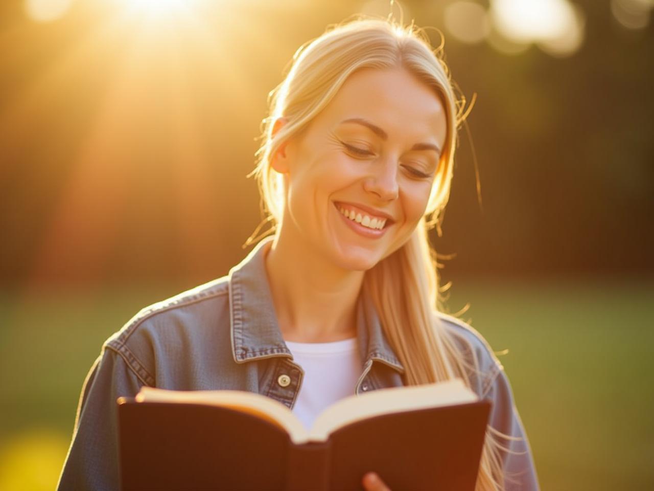 Smiling person reflecting on positive moments in a journal with sunlight shining in the background. Keywords: Positive Psychology, Happiness, Reflection, Gratitude, Mindfulness.