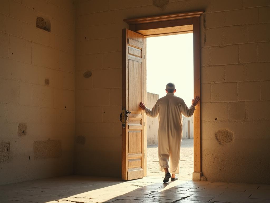 A person stepping outside a doorway, symbolizing breaking boundaries and stepping into new possibilities.
