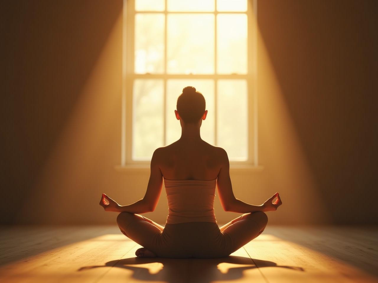 A person meditating in a calm and peaceful environment, with sunlight shining through a window. Keywords: meditation, mindfulness, willpower, self-control, peaceful, calm, focus.
